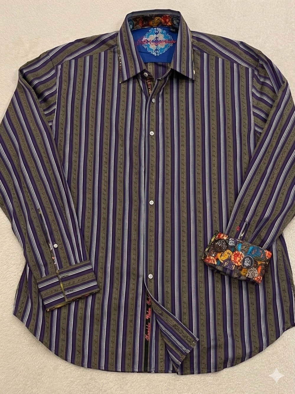 Robert Graham Shirt Mens 2XL Purple Green Striped Floral Flip Cuff Long Sleeve